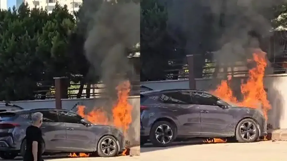 Adana’da park halindeki araç çıra gibi yandı...